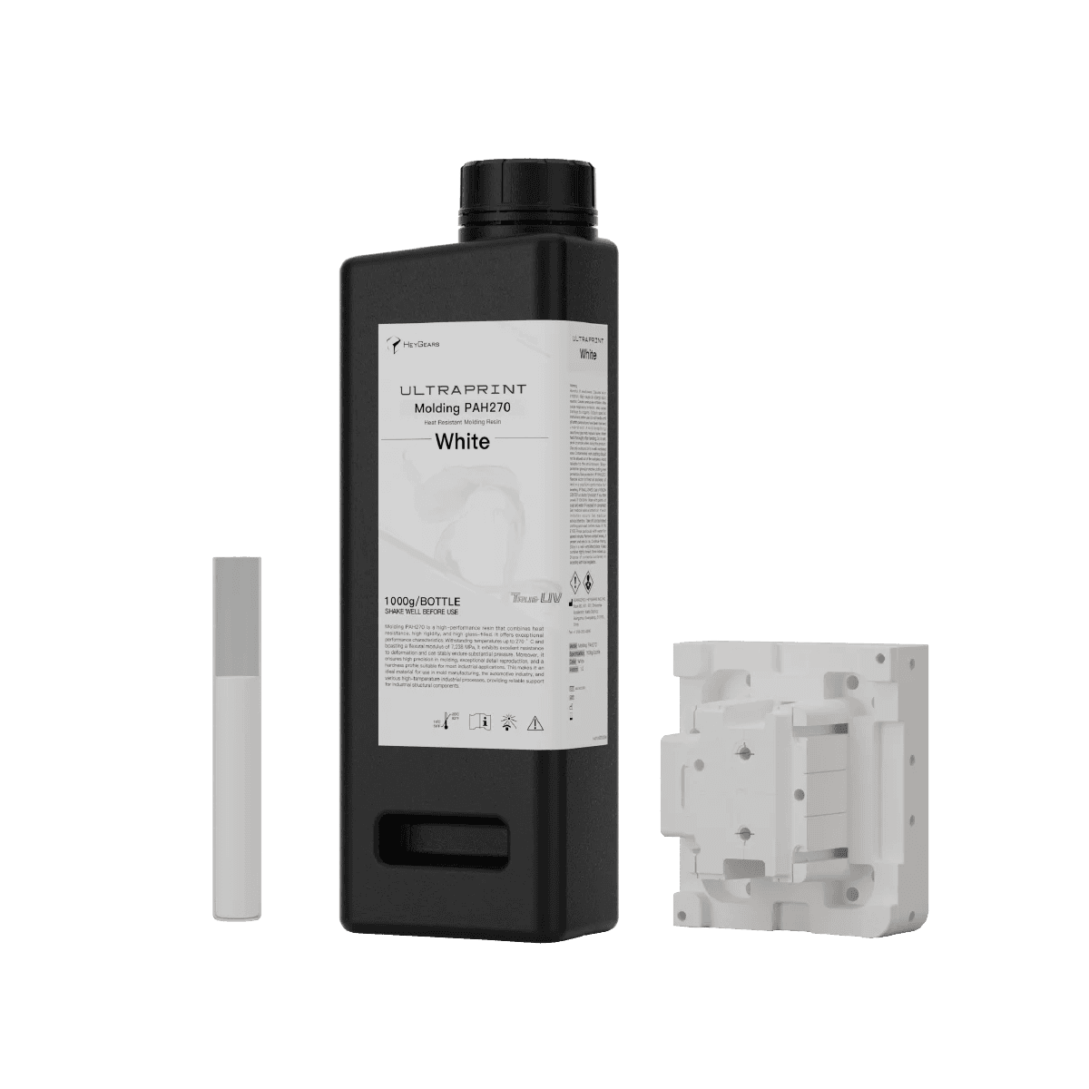 HeyGears UltraPrint PAH270 Injection-Molding Resin, the bottle beside a part printed in it