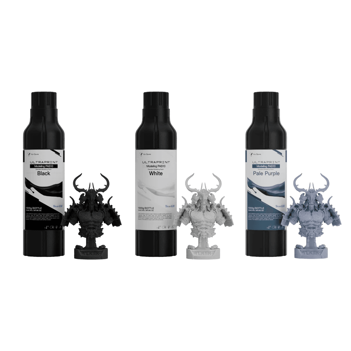 HeyGears UltraPrint PAS10 Standard Modeling Resin, the bottle beside a part printed in it
