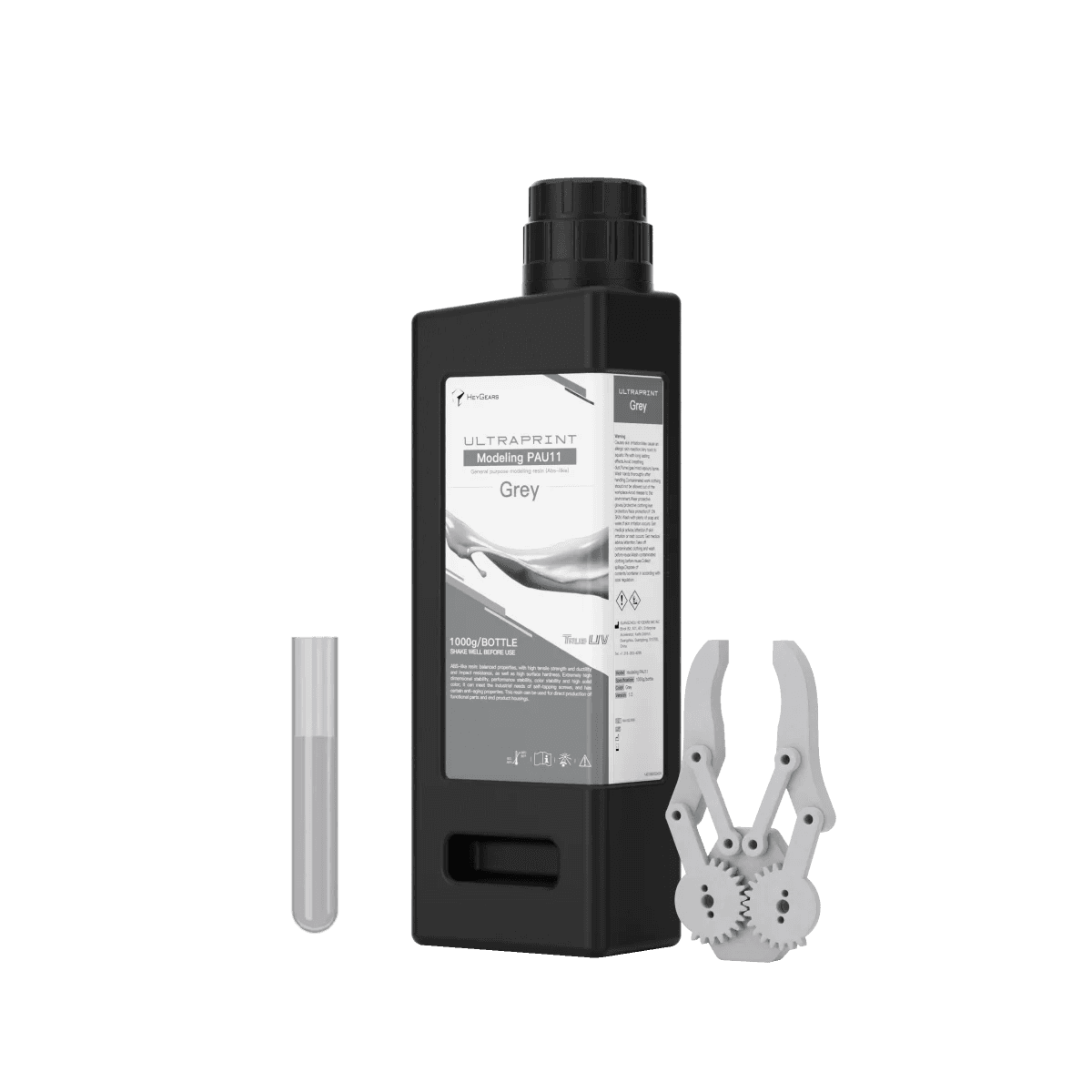 HeyGears UltraPrint PAU11 ABS-like Resin, the bottle beside a part printed in it