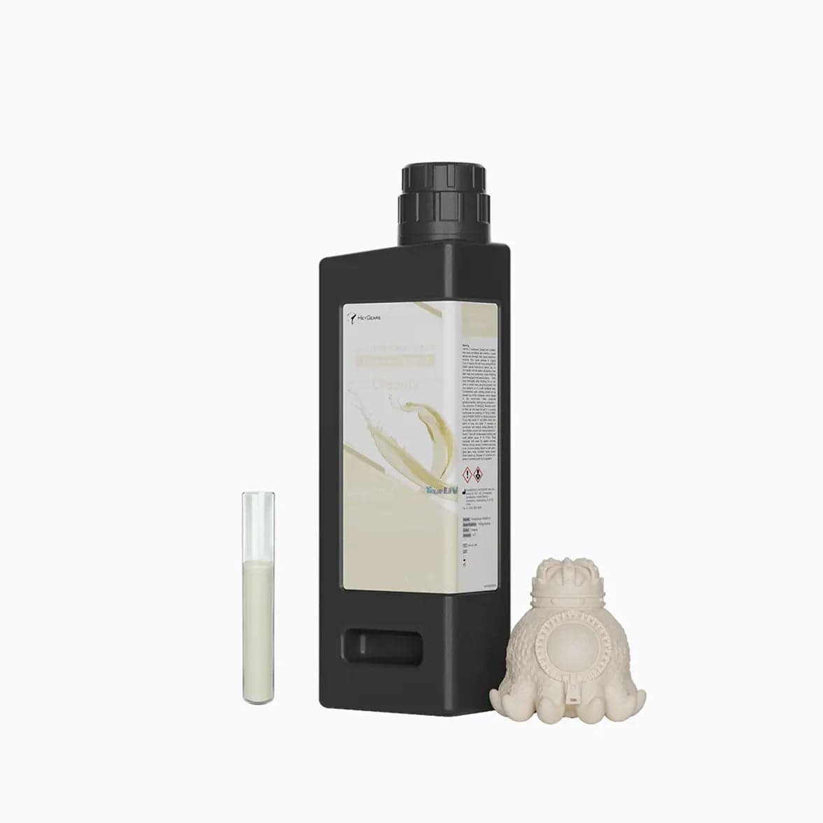 HeyGears UltraPrint PAWR10 Wear-Resistant Resin, the bottle beside a part printed in it